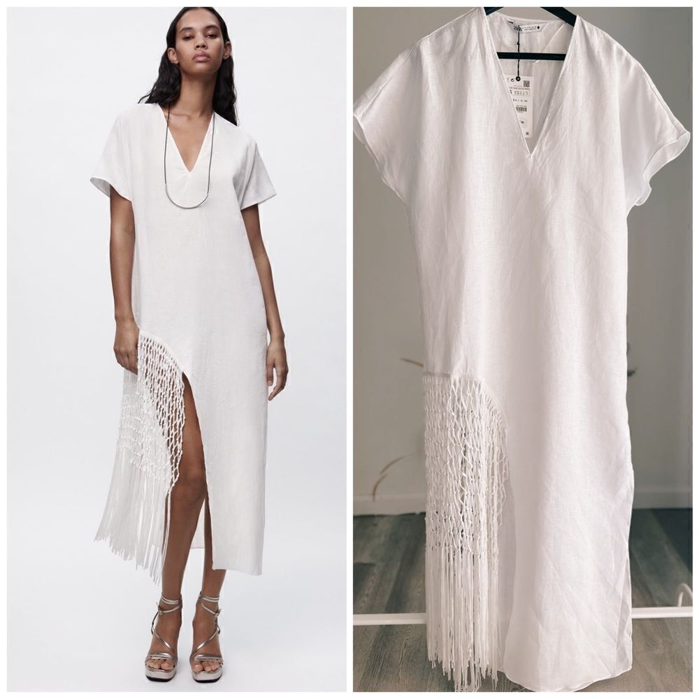 Zara 100% Linen White Dress NWT